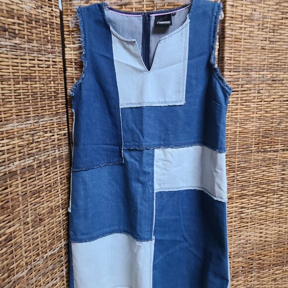 Blue Denim Patchwork Dress V Neck Shift Sleeveless Denim Nanette Lepore Large - Picture 4 of 5
